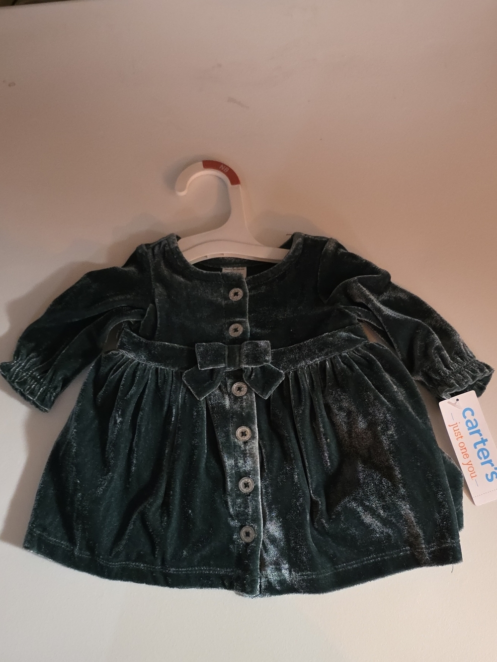 Carter's Velvet Baby Dress in Deep Green with Front Buttons